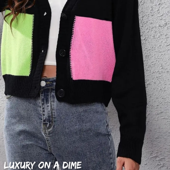 Color Block Cropped Classic Knit Button Front Long Sleeve Casual Cardigan Bright - Picture 4 of 8